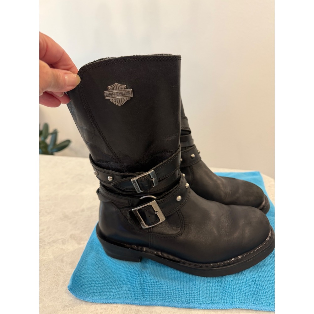 Harley Davidson Womens Black Leather Studded Buckle Mid Calf Moto Boots